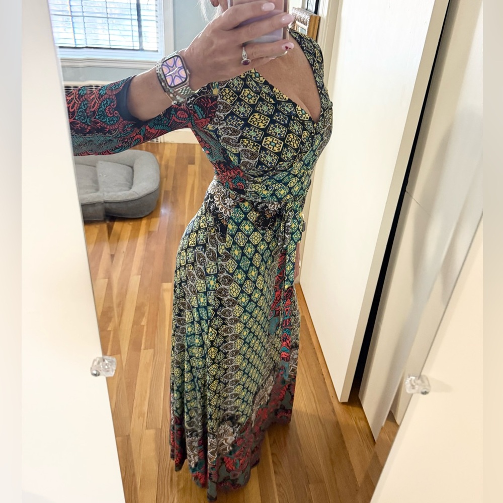 Moroccan Boho Faux Wrap Maxi Dress 🌿 | V-Neck | Belted | Statement Print - Picture 11 of 15